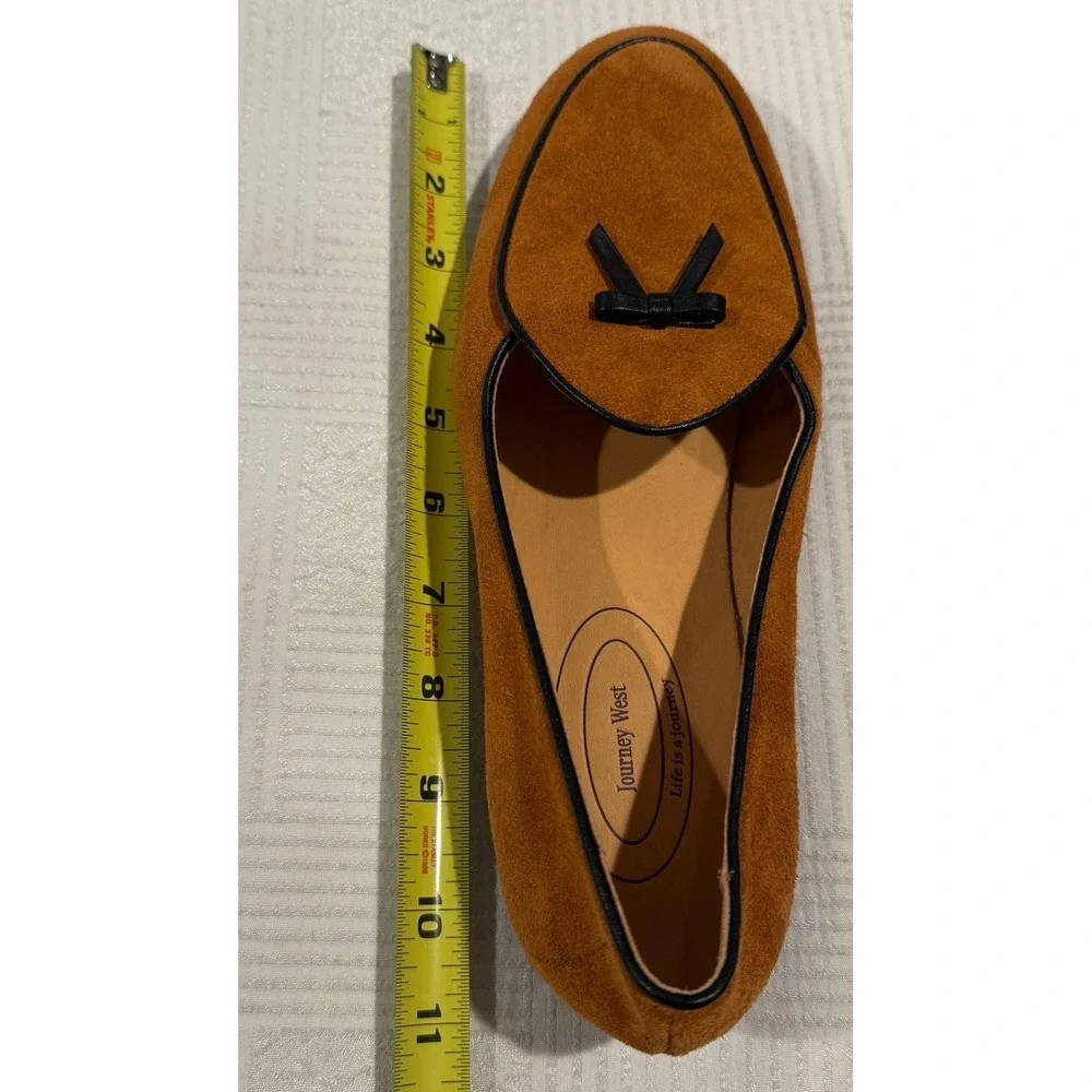 Journey West Men's 9.5M Suede Belgian Loafers Brown‎ Slip-On Bow Dress Shoes ECU